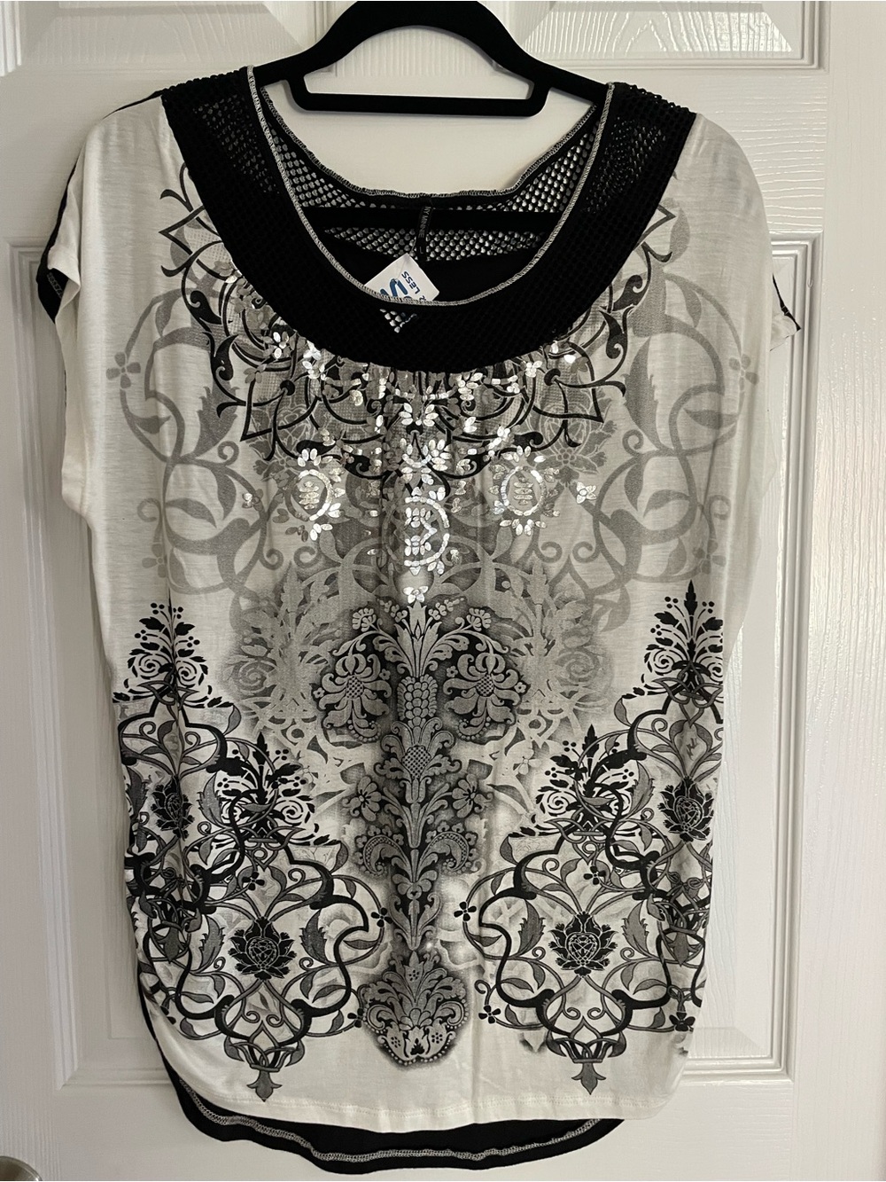 Skinny Minnie Black & Silver Mesh Scoop Neck Embellished Top
